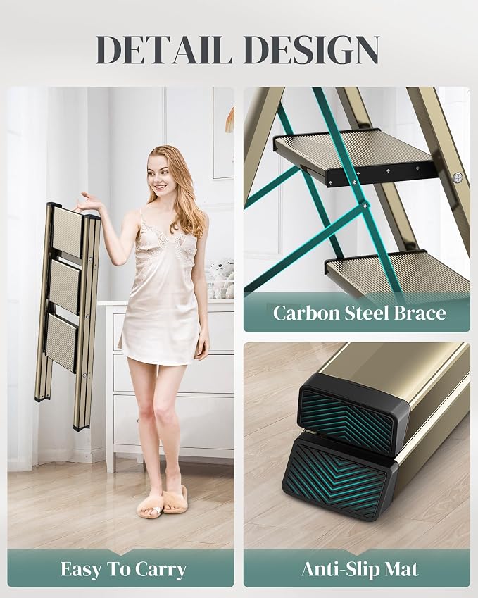 3 Step Ladder, Foldable Aluminum Step Stool with Anti-Slip Pedal | Lightweight yet Sturdy, Portable, Non Slip Feet, 300Lbs Capacity, Elegant Look, for Kitchen, Closet, Pantry, Champagne Gold - Image 3