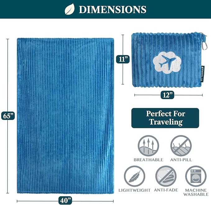 PAVILIA Travel Blanket and Pillow, Soft Ribbed Fleece Airplane, Teal Blue | 65x40, Compact Packable Plane Throw with Bag, Luggage Strap and Back Pocket, Cozy Flight Essentials Travelers Camping Gift - Image 7