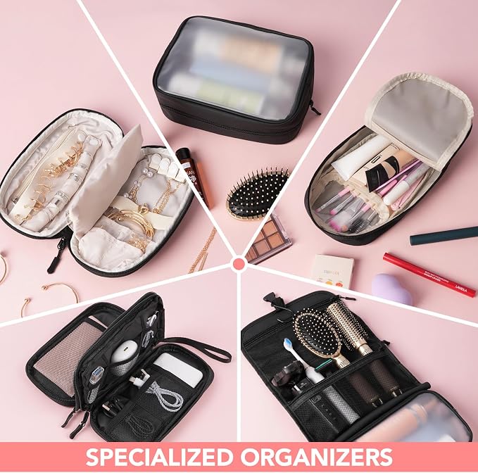 5-Piece Travel Toiletry Bag for Women, Organize Toiletries & Cosmetics | Personal Travel Essentials, with Hanging Toiletry Bag, Clear Cosmetic Bag, Makeup Bag, Jewelry Case & Cable Pouch - Black - Image 4