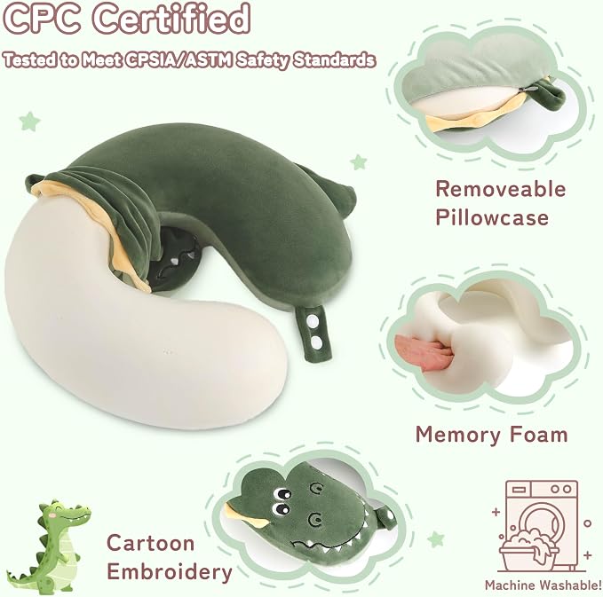 Kids Travel Neck Pillow for Ages 3-8 with Memory Foam, Crocodile | Removable cover, 13 in neck size, hidden zipper, machine washable, head and chin support, car seat and airplane use - Image 3