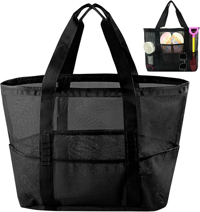 Large Mesh Beach Tote Bag, 9-Pocket Foldable Summer Vacation Beach Bag for Travel, Pool, Gym, Cruise by ASBEFORE