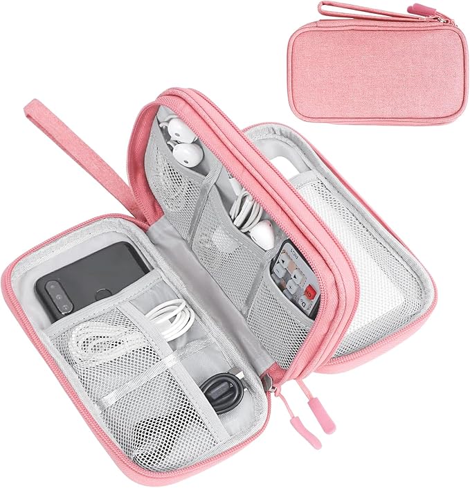 FYY Electronic Organizer, Travel Tech Pouch Bag, Medium, Pink | Wrist Strap, Waterproof, Double Layers Portable Electronics Travel Carrying Case for Cord, Charger, Daily Business Trips Use by FYY