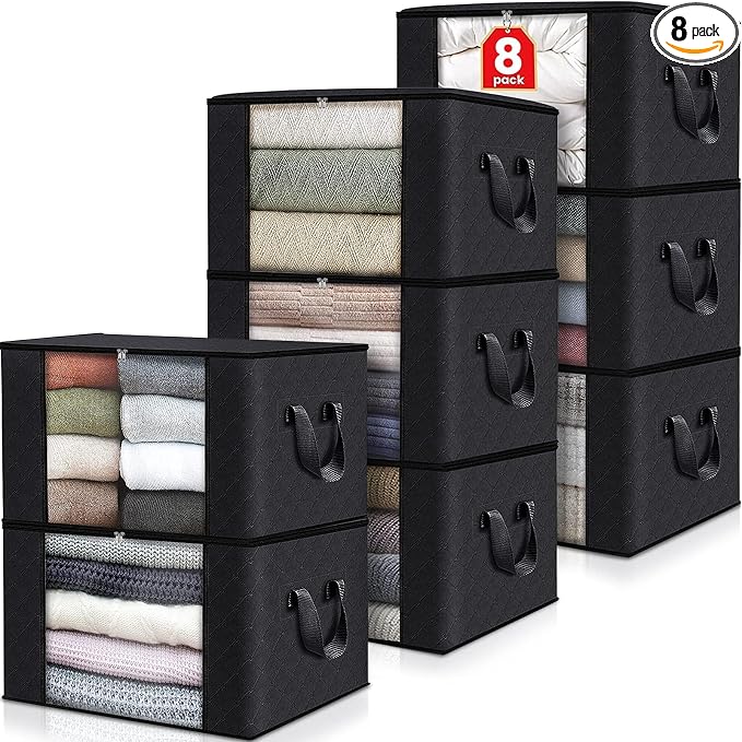 8 Pack Storage Bags for Clothes Blanket Storage Bins with Lids | Foldable Closet Organizers with Zippers,Window and Handles,Fabric Storage Bins for Sweater,Comforter,Bedding,Dorm essentials by Fabtotes