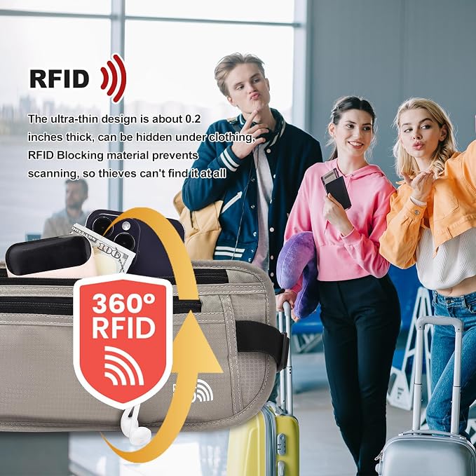 Unisex Money Belt with RFID Blocking Sleeves, Slim Passport Holder RFID Blocking Travel Essentials, Waist Pouch to Protect Cash, Light Grey & 6 Sleeves - Image 2
