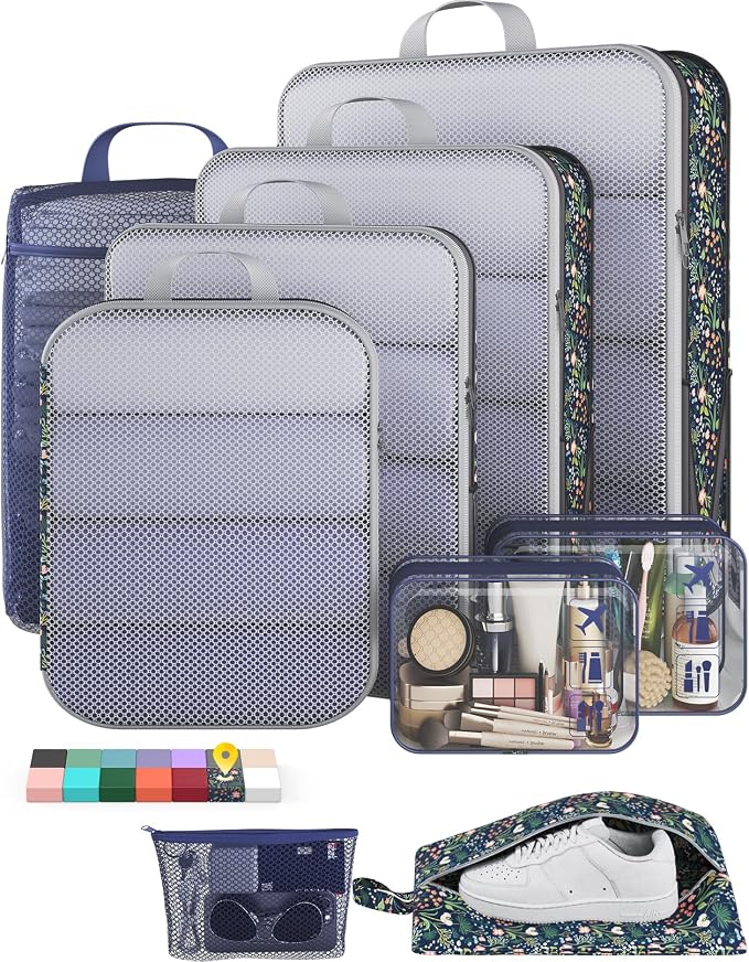 Veken 9/11 Set Compression Packing Cubes Garment Bags for Travel Essentials,Compressible Expandable Luggage Organizer Bags,Space Saver Bags with Over 1000 pcs of Mesh Holes(Dark Blue Floral) by Veken