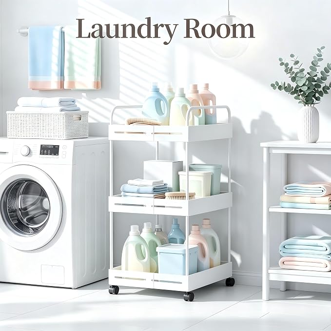 Extendable 3 Tier Heavy Duty Metal Utility Cart for Bath, White | Adjustable Storage Slim Cart | with 360° Swivel Wheels Cart | Detachable | Perfect for Laundry, Kitchen, Office, Garage - Image 6