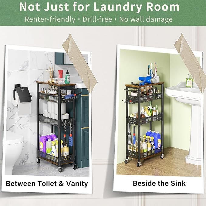 OKZEST Slim Laundry Room Organization Cart with Detergent Dispenser Holder | Holds tall bottles, Upgraded metal hub casters, 4-Tier space-saving narrow rolling cart, Premium wood & metal mesh shelves - Image 9