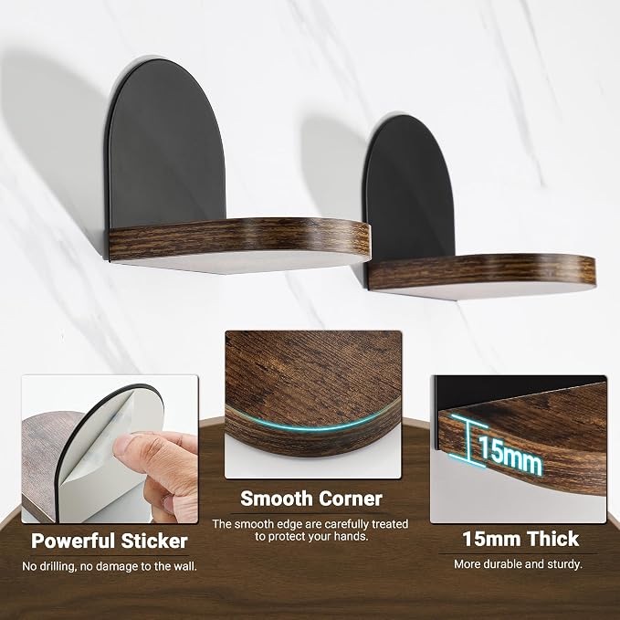 SAYAYO Small Floating Shelves for Wall Storage, 4 x 4 Inch Adhesive Shelves | Mini Shelf for Bedroom Decor, Display Wood Shelf Organizer with Black Base for Living Room, Office, Balcony, 4 PCS - Image 5