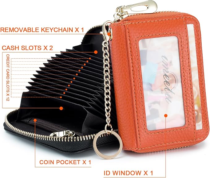 imeetu RFID Credit Card Holder, Small Card Wallet Women, Leather Card Case | Genuine Leather Women's Card & id Cases, Change Coin Purse with Zipper Keychain id Window, 20 Colors & 3 Styles, Daily, Gifts - Image 3