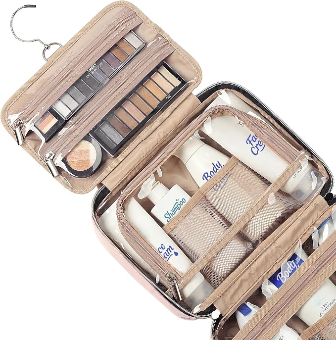 NISHEL Travel Toiletry Bag for women, Portable Hanging makeup Organizer | for Travel-Sized Shampoo, Conditioner, Brushes Set, makeup Accessories, Medium Size, Pink - Image 4