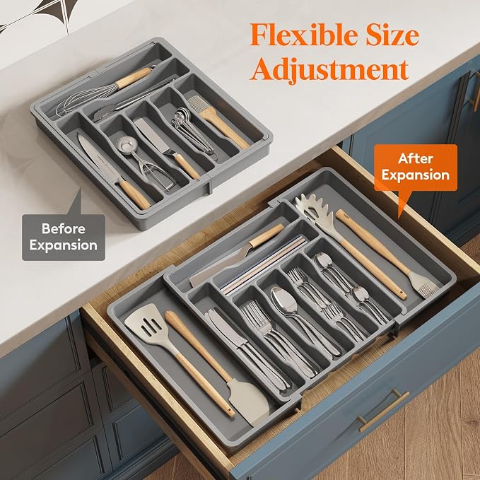 Lifewit Expandable Silverware Drawer Organizer, Kitchen Utensil Tray | BPA-free Plastic Flatware Cutlery Holder, Space-Saving Storage for Spoons Forks Knives, 13-22.4 x 15“, Gray - Image 7