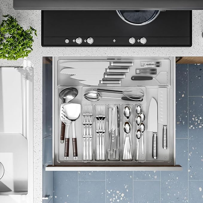 BPA-Free Expandable Utensil Drawer Organizer - Clear Plastic Adjustable Storage Tray for Kitchen Flatware, Knives, Forks and Spoons - Image 5