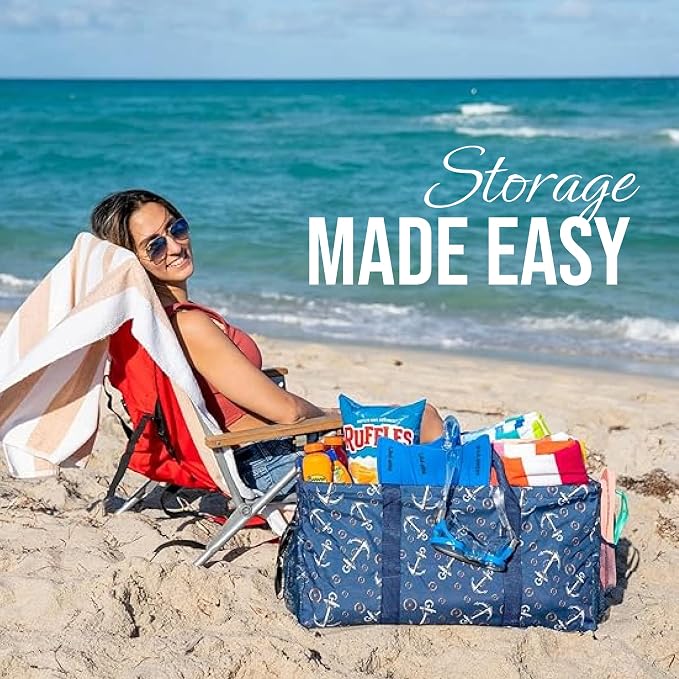 Extra Large Utility Tote Bag - Oversized Collapsible Reusable Wire Frame Rectangular Canvas Basket With Two Exterior Pockets For Beach, Pool, Laundry, Car Trunk, Storage - Anchor - Image 2