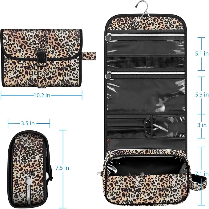 FINTIE Portable Toiletry Cosmetic Travel Bag Hanging Makeup Organizer | Large Water Resistant Storage Pouch Case, For Women Girls, Leopard - Image 7