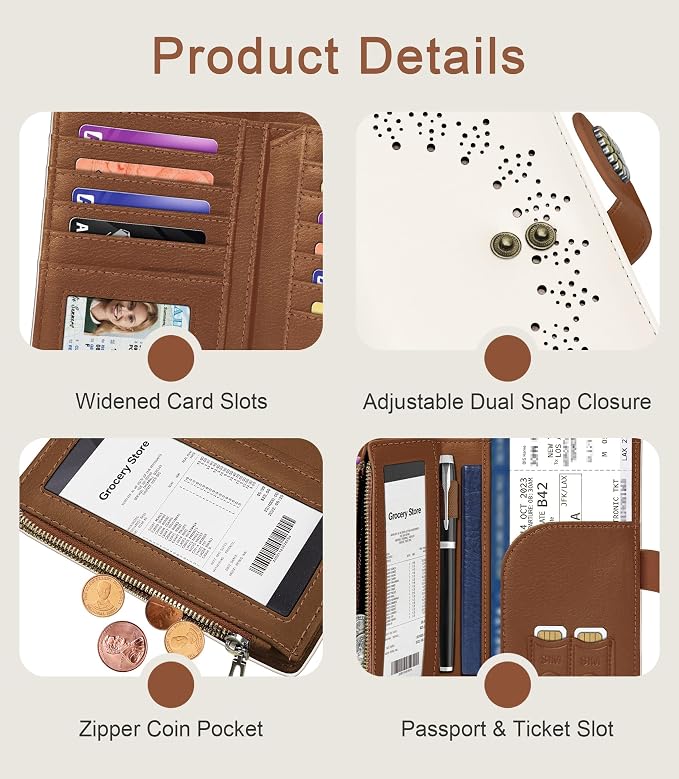 Beige Brown Wallet Women RFID, Passport Holder, Credit Card Holder | 6.7" x 4.4" x 1.3" Bifold, Travel billfold, Zipper Pocket, PU Leather Clutch, Purse, ID Window, Pen Holder, Gift Ladies Girl - Image 6
