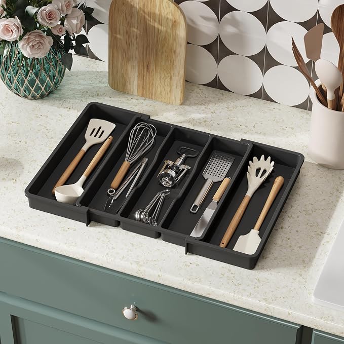 Lifewit Utensil Organizer for Kitchen Drawers, Expandable Utensil Tray | Adjustable Cooking Cutlery Silverware Flatware Holder, Plastic Spatula Tools Storage Divider, 13-22 x 15", Black - Image 8