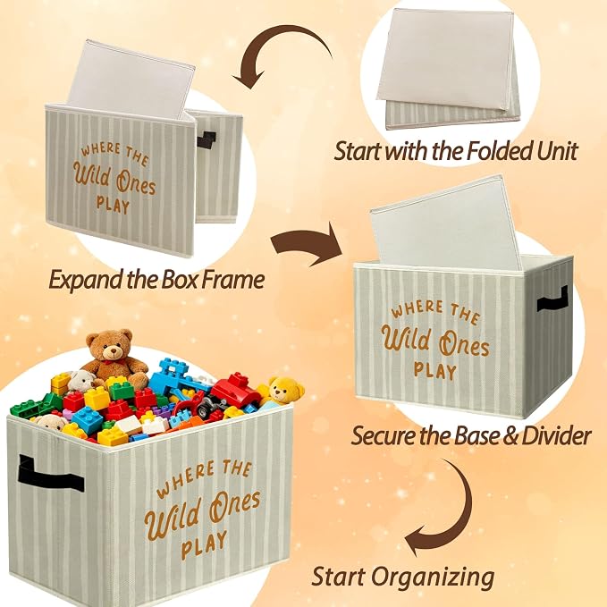 Rustic Where the Wild Ones Play Storage Bins Boxes with Handles | toys books clothes, neutral striped nursery foldable basket for organizing bedroom toddler room playroom - Image 6