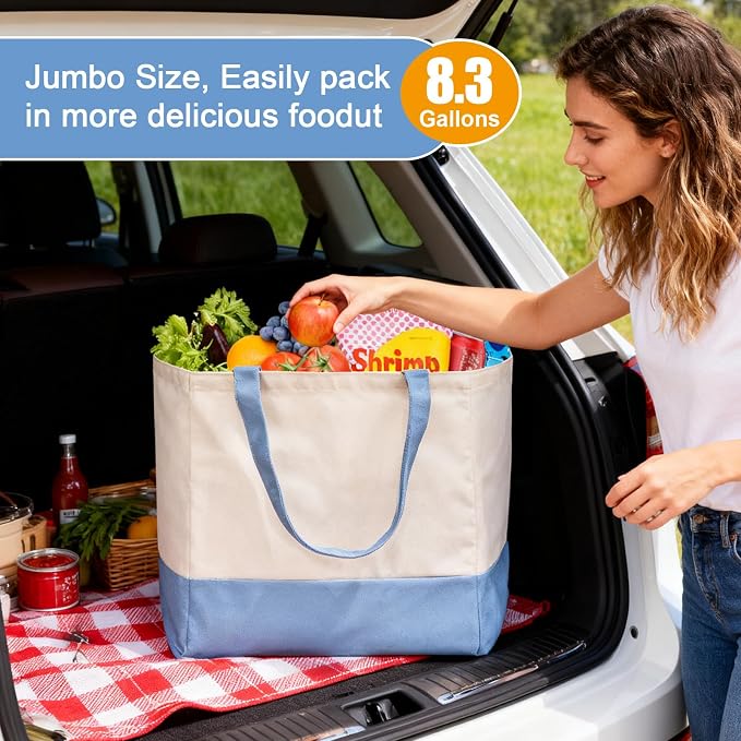 Reusable Grocery Bags Heavy Duty, 8.3 gal Foldable Large Canvas Tote Bag with Handles, Holds 60 lbs Canvas Shopping Bags, 1 Pack（Off White+Light Blue） - Image 3