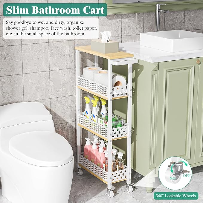 4-Tier Rolling Slim Storage Cart Kitchen Bathroom Laundry Organizer | 5.9"wide, wood rack tier, with 3 hooks, carbon steel, suitable for compact spaces, 360° swivel wheels with brakes, white - Image 3