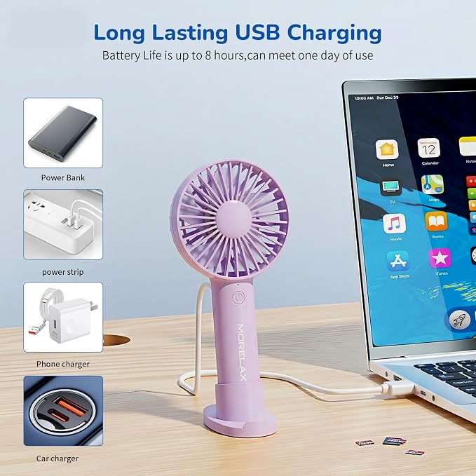 Jancane Handheld Fan, USB Rechargeable Mini Portable Fan with Base, 10H Battery, Strong Wind, Small & Powerful, Cute Design for Travel, Makeup, Girls Women Summer Gift (Purple) - Image 4
