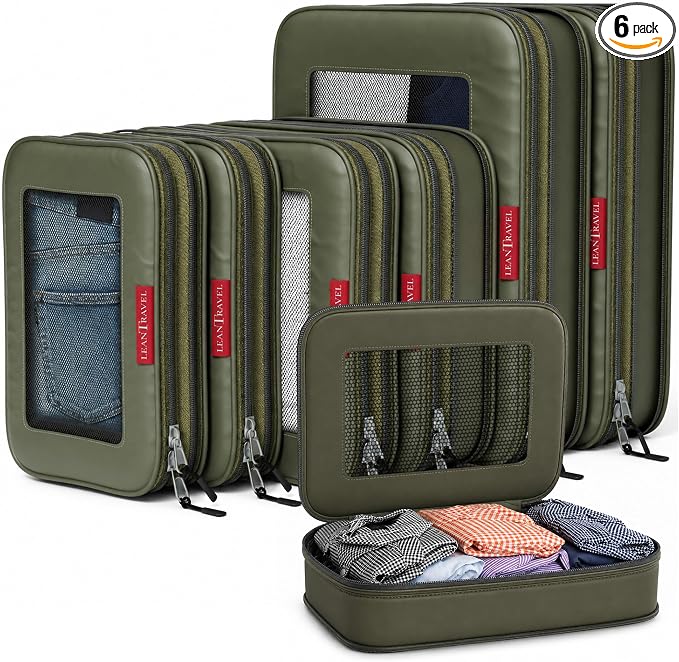 LeanTravel Premium Compression Packing Cubes for Travel - Suitcase Organizer Bags with Double Zipper & Breathable Mesh Panel - Space Saving Carry On Luggage Essentials (6-Pack, Olive Green) by LeanTravel