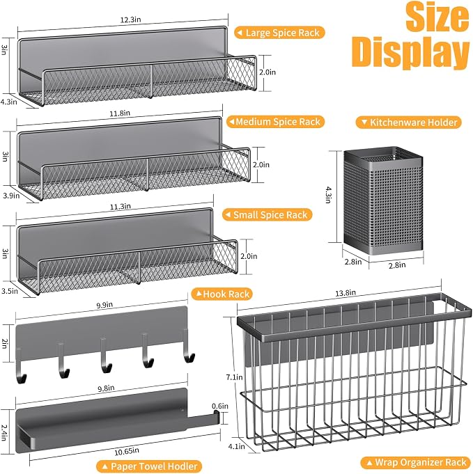 DTUQYX Magnetic Spice Rack for Refrigerator, 7 Pack Metal Magnetic Shelf, Moveable Magnetic Storage Fridge Organizer Grey, Spice Organizer, Hook Rack, Paper Towel Holder, Cutting Board Holder, HM5471 - Image 2