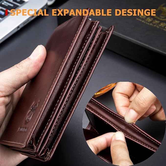 BULLCAPTAIN Large Capacity Genuine Leather Wallet for Men QB-027 | Bifold Wallet,RFID Blocking,Credit Card Holder,15 Card Slots,Special Expandable Design,gift choice - Image 6