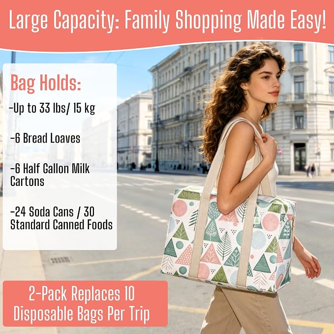 VENO 2 Pack Utility Tote Reusable Grocery Bags with Zipper & Hard Bottom | Heavy Duty Foldable Water-Resistant Shopping Bags for Summer Beach, Pool, Picnic & Travel Carry-on (Pastel Forest, 2 Pack) - Image 6