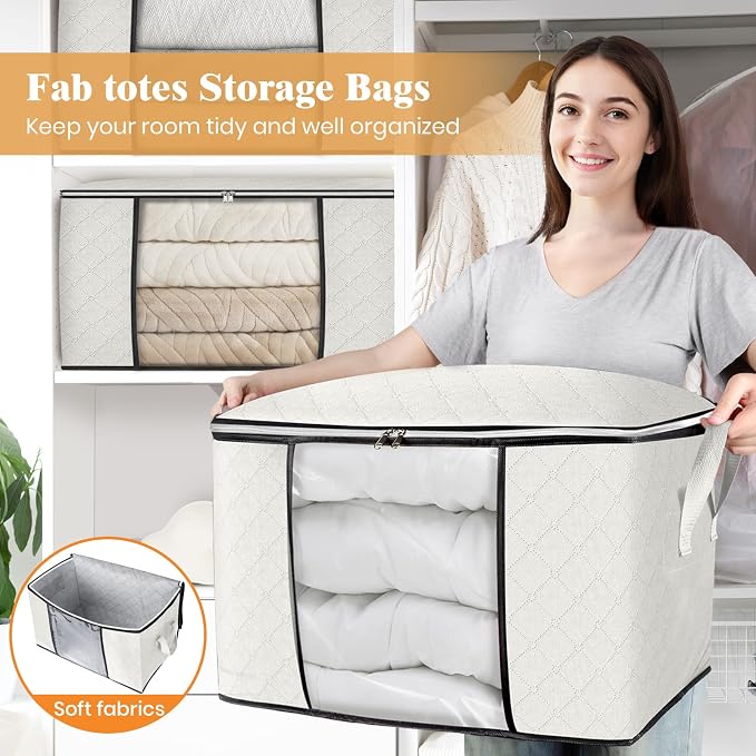 90L Clothes Storage, Foldable Thick Fabric Blanket Storage Bags | Foldable Containers with Zippers,Window and Handles for Organizing Bedroom, Closet, Comforter, Bedding,Dorm essentials - Image 5