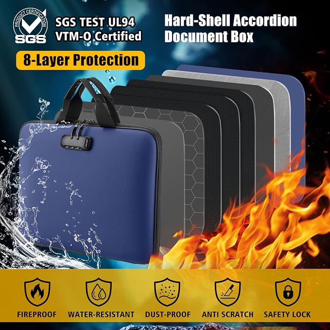 facka Fireproof Document Box with Lock, Hard-Shell Safe File Organizer | 13-Pocket Accordion Folder for Important & Legal Documents, Laptop, Passport, Cards & Valuables, Home Office Travel Blue - Image 3