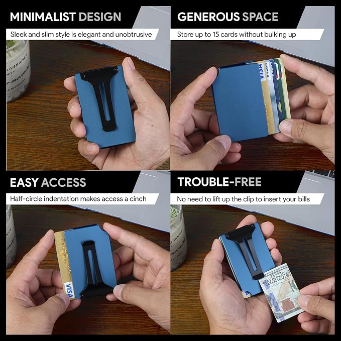 Minimalist Wallet for Men, Slim Metal RFID Blocking Wallet Credit Card Holder Money Clip & Cash Strap, Scratch-Resistant Holds 15 Cards,Ideal Gift for Men | Matt Blue - Image 5