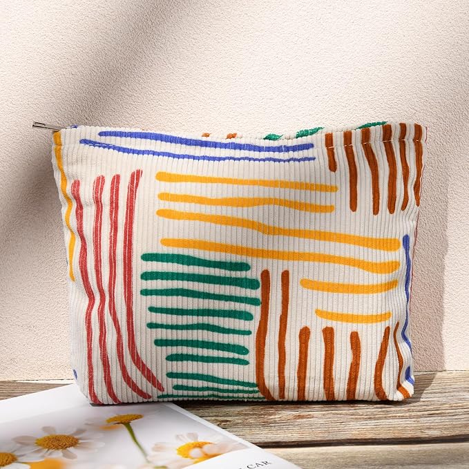 SOIDRAM 2 Pieces Stripes Makeup Bag Large Corduroy Cosmetic Bag Capacity Canvas Mix Travel Toiletry Bag Organizer Cute Makeup Brushes Aesthetic Accessories Storage Bag for Women, Stripes Mix Colorful - Image 7