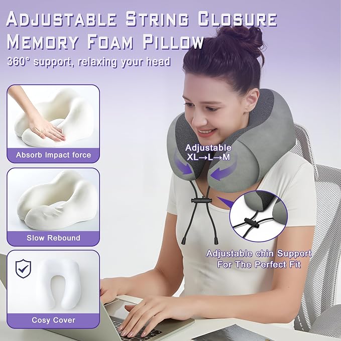 Travel Neck Pillow,Neck Pillow for Sleeping Travel,Airplane, Car, Office | Upgraded Memory Foam Neck Pillow for Travel,Machine Washable, Adjustable Flight Pillow, Suitable for Sleeping (Grey) - Image 4