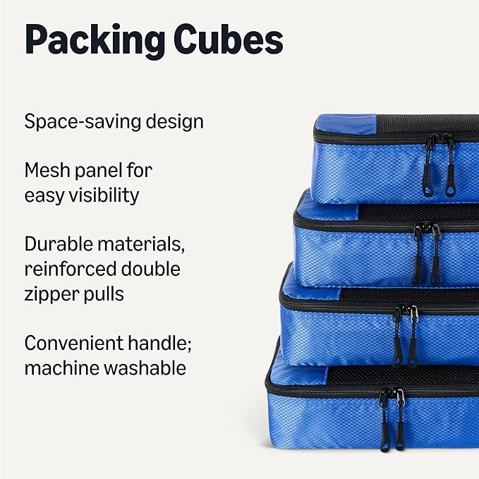 Amazon Essentials 4-Piece Packing Cubes Travel Accessories Set, Space-Saving Luggage Organizers with Double Zipper, Mesh Top, Small/Medium/Large/Slim, Blue (Previously Amazon Basics) - Image 2
