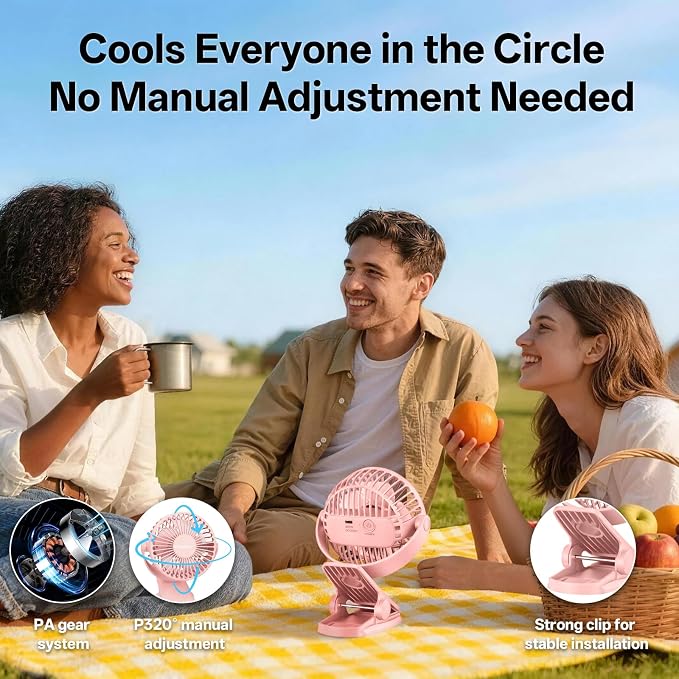 Portable Clip on Fan Rechargeable Mini for Desk Golf Camping Pink | 4000mAh 20H Battery, Quiet Brushless Motor 4.5m/s, One-Click Shutdown, 3 Speeds, Detachable Cover, Type-C Charge, 360° Rotate - Image 7