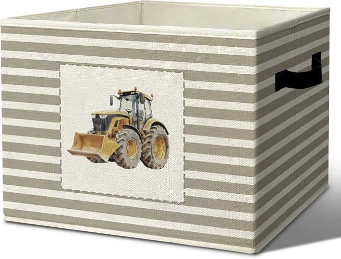 Rustic Construction Tractor Storage Bins Boxes Handles | grey striped nursery foldable basket for organizing bedroom toddler playroom by Unknown