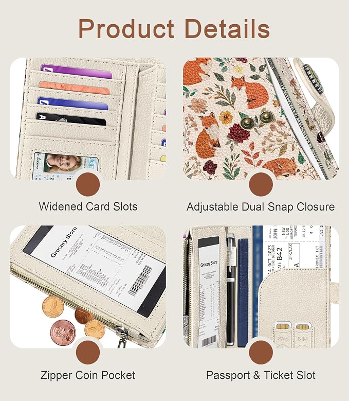 Fox Wallet Women RFID, Passport Holder, Small Credit Card Holder | 6.7" x 4.4" x 1.3" Bifold, Travel billfold, Zipper Pocket, PU Leather, Clutch, Purse, ID Window, Pen Holder, Gift Ladies Girl - Image 6