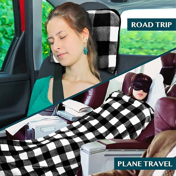 PAVILIA Travel Blanket Pillow, Soft Airplane Blanket 2-in-1 Combo Set, Plane Blanket Compact Packable, Flight Essentials Car Pillow, Travelers Gifts Accessories, Backpack Strap, 60x43 Checker White - Image 5
