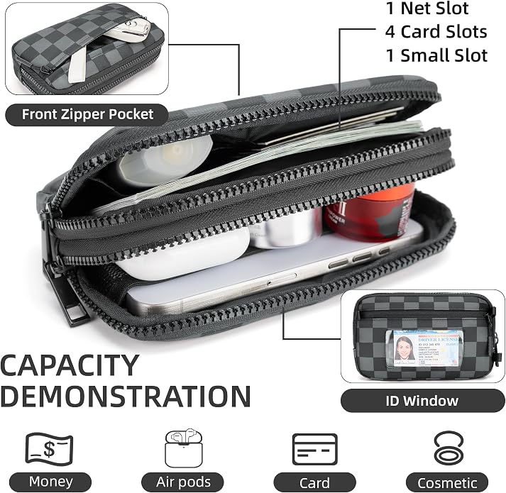 FODOKO Wristlet wallets for Women RFID crossbody bags with 4 Zippers | Checkered quilted nylon with credit card slots, cell phone organizer, and coin purse for travel and everyday carry - Image 4