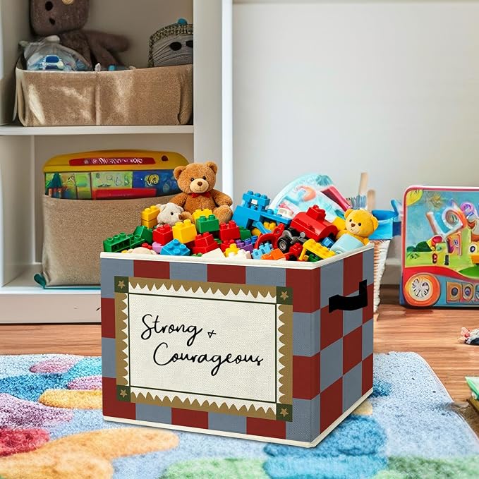 Nursery Positive Affirmation Storage Bins Box with Handles Organizer Basket | uplifting joyful foldable basket for organizing, checkerboard collapsible toy clothes for playroom toddler bedroom, 10x14 in - Image 2