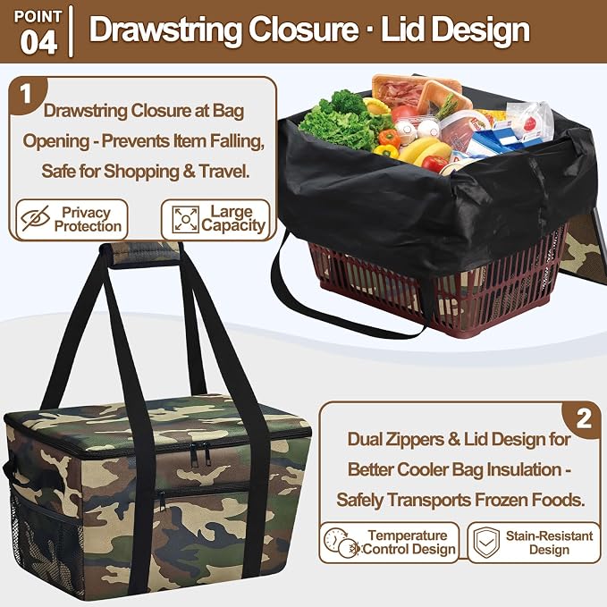 Reusable Grocery Bag – Expandable Insulated Cooler Bag with Bottom Board, Collapsible Insulated Shopping Bag with Zipper & Drawstring, Heavy Duty Tote Bag for Shopping, Delivery, Picnic, Beach - Image 6