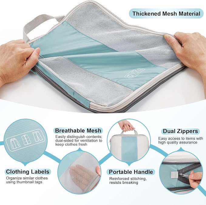 OlarHike 10 Set Compression Packing Cubes for Travel Essentials,Compressible Expandable Space Saver Bags for Organizing Clothes,Luggage Suitcase Garment Bags with Over 1000 pcs Mesh Holes(Blue Gray) - Image 6