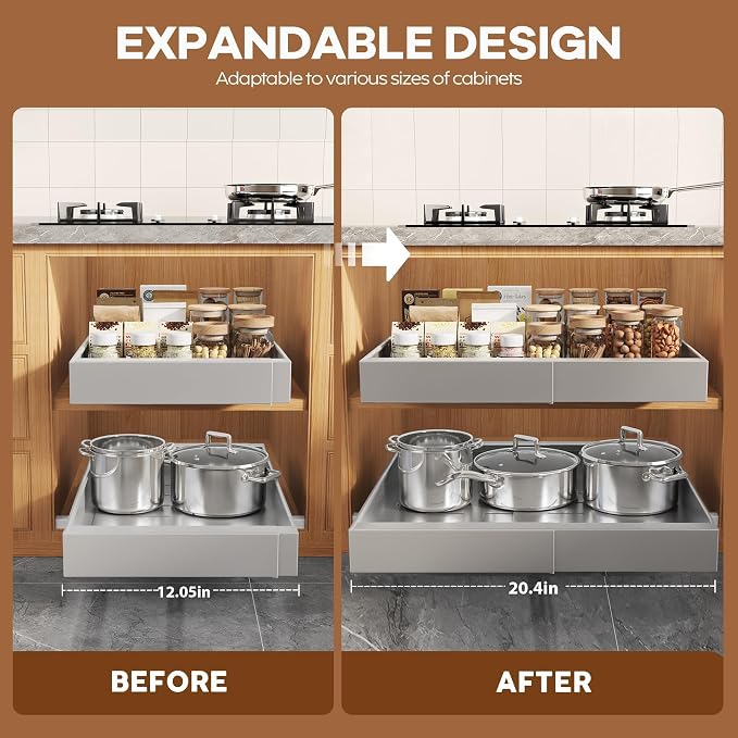 Seinloes 2 Pack Expandable Pull Out Cabinet Organizer 21"Deep With Raising Pad for Framed Cabinets,Upgrade 3 Slide Rails Slide Out Drawers,Roll Out Shelves Adhesive,Adjustable Width 12.05"-20.4"Silver - Image 3