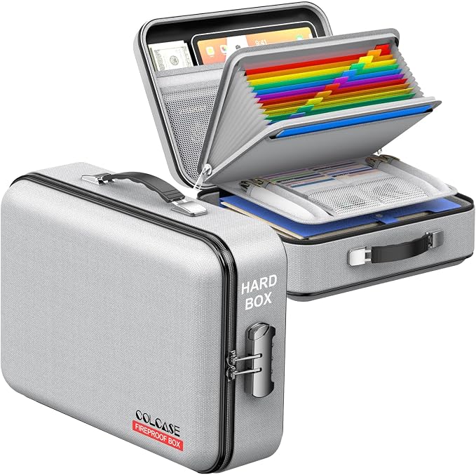 Fireproof Document Organzier with Lock, Hard Fireproof Document Box | Hard-Shell Fireproof Waterproof Document Box with Combination Lock Grey by COLCASE