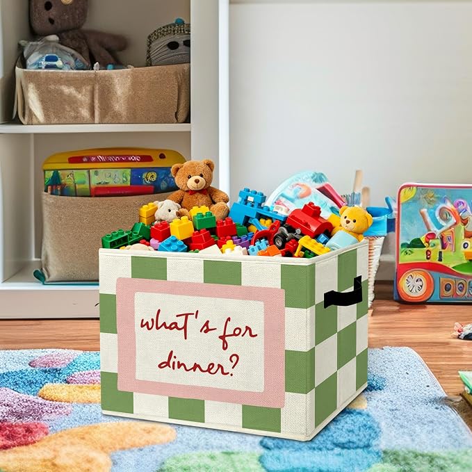 Nursery Pretend Play Kitchen Storage Bins Box with Handles Organizer Basket | farmhouse cooking foldable basket for organizing, gingham collapsible toys clothes for playroom toddler bedroom, 10x14 in - Image 2