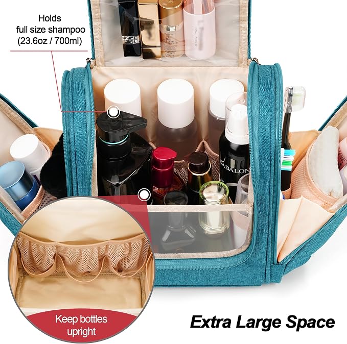 Hanging Travel Toiletry Bag for Women and Men, 6 Organizer Compartments, Large Toiletries essentials, Bathroom Cosmetic Accessories, Water-resistant Makeup Bag, Holds Full-Size Shampoo, Blue - Image 2