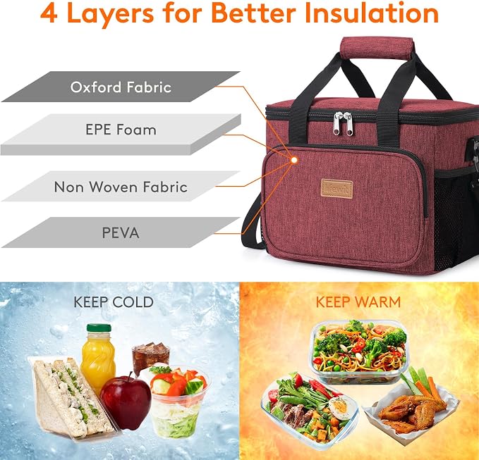 Lifewit Large Lunch Bag, Insulated Lunch Box, Soft Cooler Cooling Tote for Adult Men Women, Burgundy 24-Can (15L) - Image 3