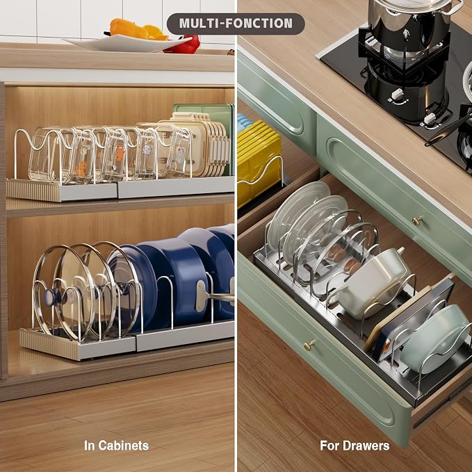Magheo Expandable Food Storage Container Lid Organizers, 22" Pots and Pans Organizer Under Cabinet with 9 Adjustable Dividers Pot and Pan Lid Holders Rack Inside Cabinet(Gray,1 Pack) - Image 4