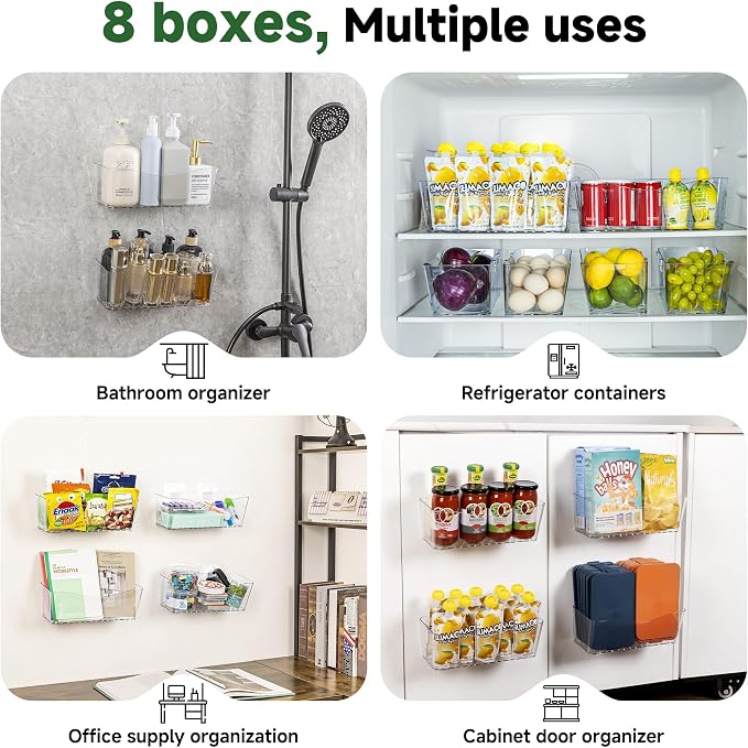 8-Pack Adhesive Pantry Organizers and Storage, Large Cabinet Door Organizer | 11.4" Long, Space Saving, Drain Bottom, Clear Plastic Storage Bins for Kitchen, Bathroom, Refrigerator, Countertop,Under Sink - Image 7