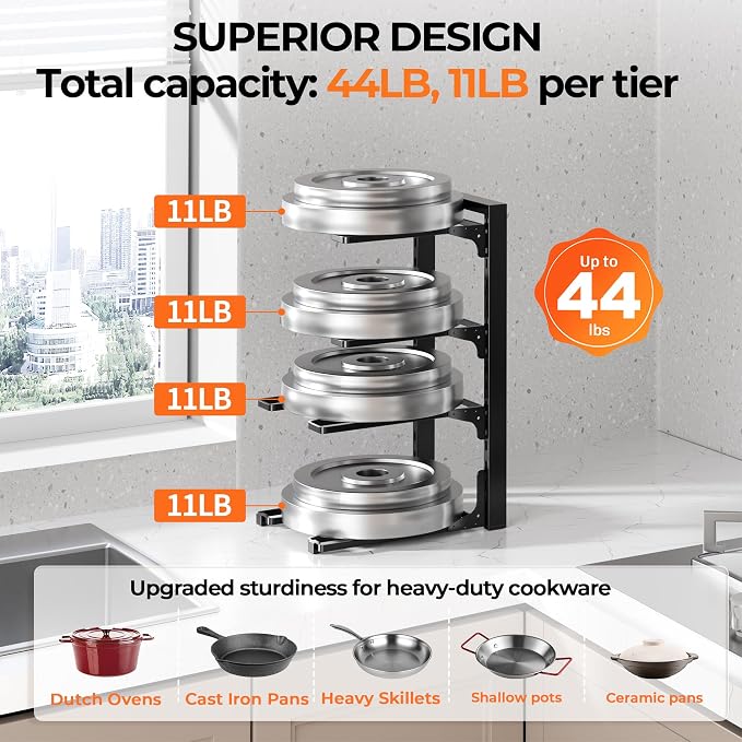 MUDEELA Pot and Pan Organizer Under Cabinet 15.75", 4-Tier Pot Rack, 2 Pack | Adjustable Tier, Tool-Free Assembly, Max 88 Lbs, Fits Cast Iron Pans, Skillets & Heavy Shallow Cookware, For Kitchen Cabinets - Image 3
